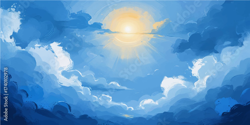 Bright sunlight illuminates the blue planet earth nestled amongst fluffy white clouds high in the abstract sky