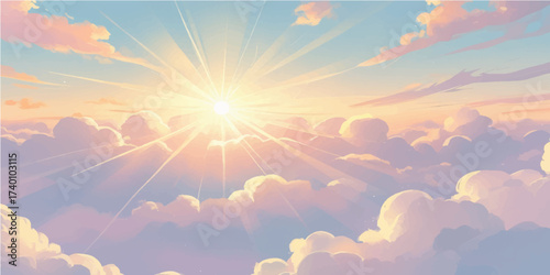 Beautiful summer sunset sky with sun and clouds creating a colorful atmosphere