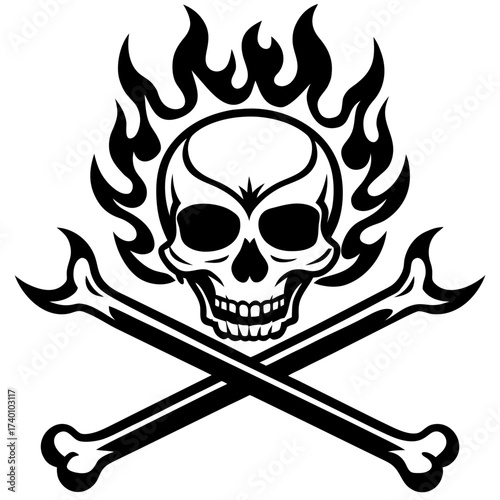 Skull and crossbones with flames in black and white design