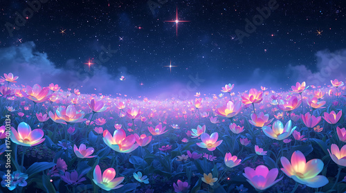 A vivid, blooming field of fantastical, glowing neon flowers under a sky full of shimmering stars.
