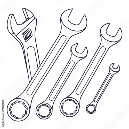 Illustration of five wrenches of varying sizes and styles