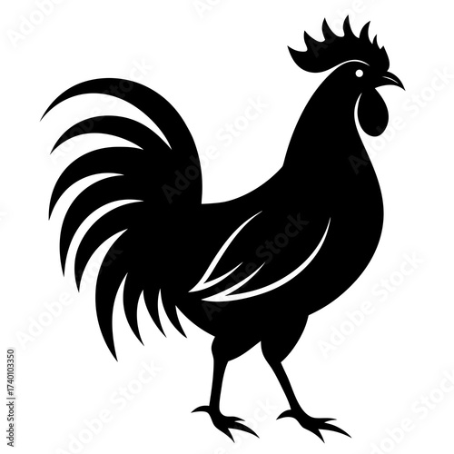 Silhouette illustration of a rooster with detailed comb and tail feathers in black and white color scheme