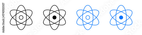 Atom icon shown in stroke outline, solid fill, flat color, and detailed color with shading. Ideal for science, physics, chemistry, energy, research, education, and technology themes.