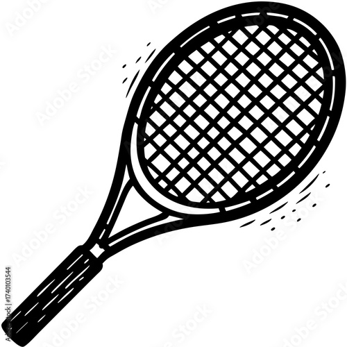 Illustration of a black and white tennis racket with strings and handle ready for a game on the court