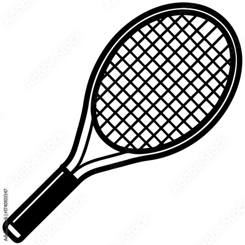 Illustration of a black and white tennis racket with strings and a handle for sports equipment use