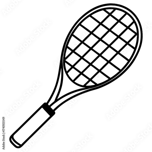 Illustration of a tennis racket with strings and handle in black outline on a white background view