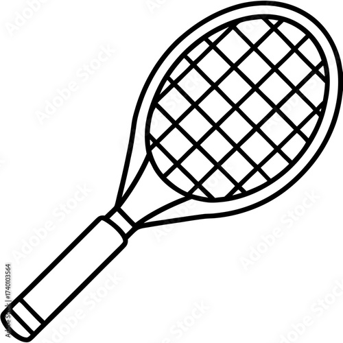 Illustration of a tennis racket with an oval head and a grid pattern on the strings in black outline