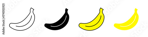 Banana icon in stroke, fill, color stroke and color fill style, ideal for food, fruit, healthy diet, grocery, tropical themes, freshness and playful design elements.