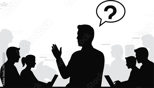 Silhouette of man asking question in meeting with speech bubble, silhouette, man, asking, question, meeting, discussion, group, people, audience, speech bubble, thought bubble, confusion, idea, brains