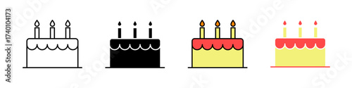 Cake icon in stroke, fill, color stroke and color fill style on a clean background, perfect for birthday, celebration, bakery, dessert and party themed designs in apps, websites and print layouts.