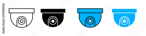 CCTV icon in outline, solid, and color styles. Represents security camera, surveillance, monitoring, and protection. Ideal for safety, alert, and privacy themes, isolated on white.