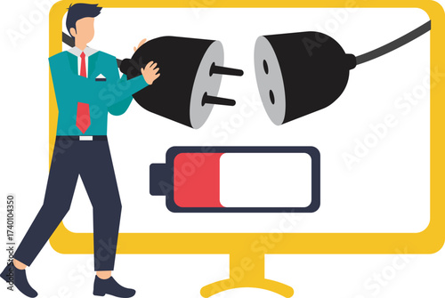 Man unplugging cable from computer isolated on adobe illustration vector style low battery concept
