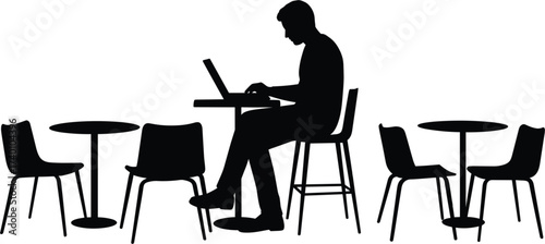 Silhouette of man working on laptop at cafe tables, man, silhouette, laptop, cafe, tables, chairs, working, remote, freelance, coffee, shop, outdoor, seating, casual, lifestyle, technology, computer, 