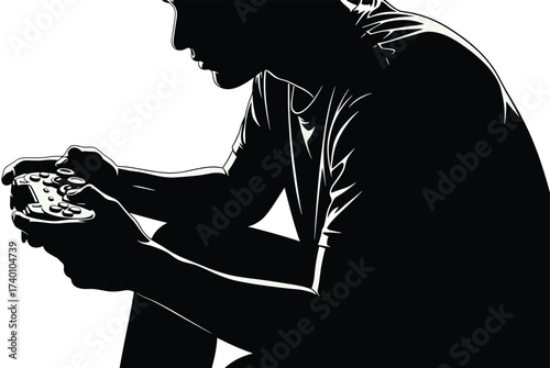 Silhouette of person playing video game with controller, gamer, gaming, video game, controller, joystick, playing, entertainment, leisure, hobby, technology, console, screen, virtual reality, fun, com