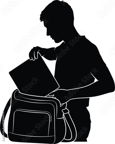 Silhouette of person putting laptop into bag student, silhouette, person, man, student, putting, laptop, computer, bag, backpack, messenger, shoulder, strap, opening, closing, packing, unpacking, prep