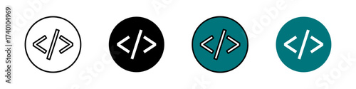 Code brackets icon in outline, solid, and color styles. Represents coding, programming, software, and development. Perfect for IT, web, or tech themes, isolated on white.