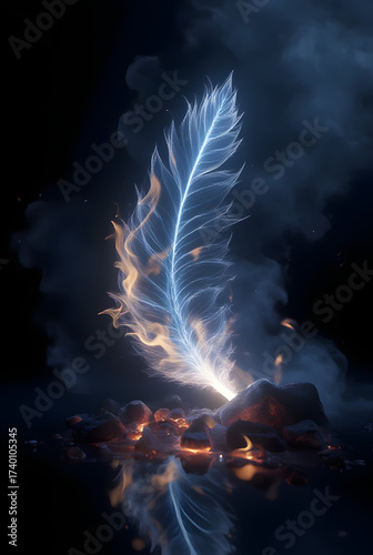 digital art photography of a phoenix feather floating and its reflection, see through feather, detailed feather, glowing light, fire burning around feather, dark background, intricate detailed