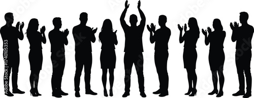 Silhouettes of people clapping and one person with raised arms, clapping, applause, audience, crowd, people, silhouette, standing, celebration, success, approval, agreement, praise, recognition, event