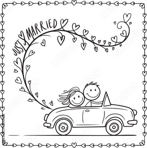 Just Married: Illustration of a joyous newly married couple in a vintage car, embarking on their honeymoon, intertwined with heart-shaped vines and a heartfelt message of Just Married.