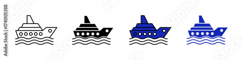 Cruise ship icon in outline, solid, and color styles. Represents travel, vacation, sea transport, and tourism. Perfect for holiday, marine, or transport themes, isolated on white.