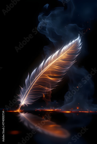 digital art photography of a phoenix feather floating and its reflection, see through feather, detailed feather, glowing light, fire burning around feather, dark background, intricate detailed