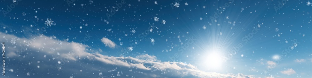 Naklejka premium Sunlit winter sky with gently falling snowflakes over cloudy horizon