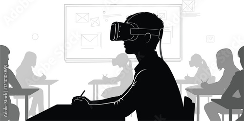 Student wearing virtual reality glasses for an immersive educational experience in a modern classroom. Illustration of digital learning and future technology, student, virtual, reality, education, tec
