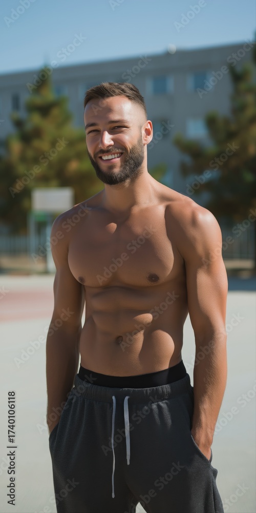 Obraz premium Young caucasian male smiling outdoors in athletic wear on sunny day