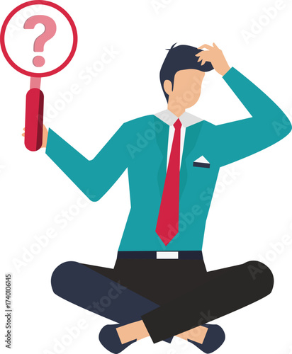 Businessman sitting crosslegged holding magnifying glass with question mark isolated on white background
