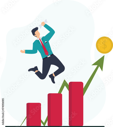 Businessman jumping over bar graph with dollar coin isolated on white background financial success concept
