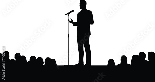 Silhouette of speaker at microphone with audience speech, speaker, speech, presentation, microphone, stage, audience, crowd, silhouette, black and white, isolated, white background, standing, talking,