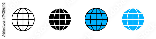 Globe icon in outline, solid, and color styles. Represents earth, travel, geography, internet, and global connection. Perfect for education and worldwide themes, isolated on white.