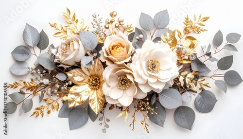 Elegant floral arrangement with gold accents on white background, soft lighting