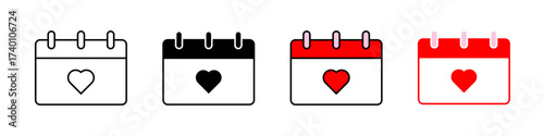 Heart calendar icon in outline, solid, and color styles. Represents love, events, romance, anniversaries, and special dates. Perfect for wedding or reminder themes, isolated on white.