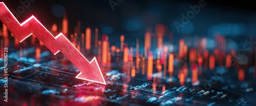 A red arrow pointing downwards, symbolizing a decline. Neon lights create a blurred background effect