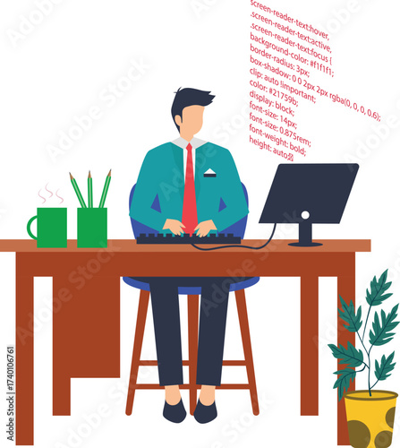 A man is sitting at a desk in front of a computer, typing code, with plants and stationery on the desk
