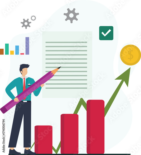 Man holding pencil standing on bar graph with coin and document isolated on adobe illustration vector style
