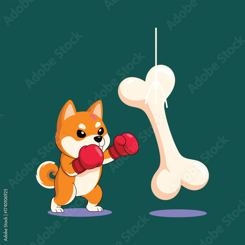 Shiba Inu Dog Wearing Boxing Gloves Punching a Bone Keywords: shiba inu, dog, canine, animal, pet