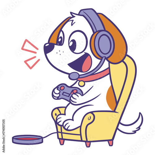 Funny cartoon gamer dog with controller – flat vector illustration
