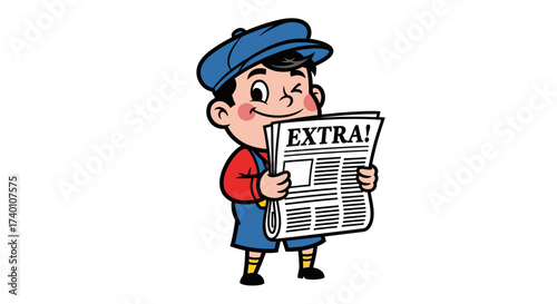Cartoon newsboy with cap winking holding a newspaper shouting extra illustration