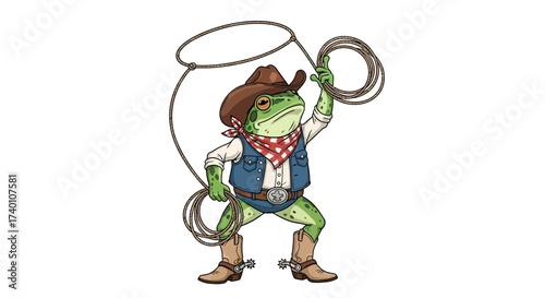 Funny cartoon illustration featuring a frog dressed as a cowboy with a lasso, perfect for various
