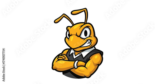 A Powerful Ant Mascot Character with Muscular Arms and a Determined Expression Ready for Action
