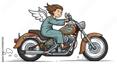 Cartoon depiction of a winged figure joyfully riding a vintage motorcycle illustration artwork