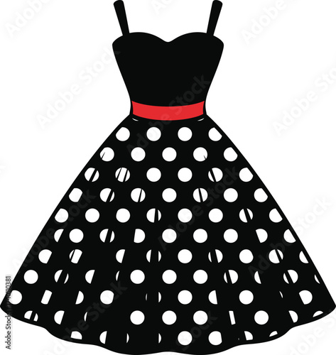 Black Polka Dot Dress with a Red Belt