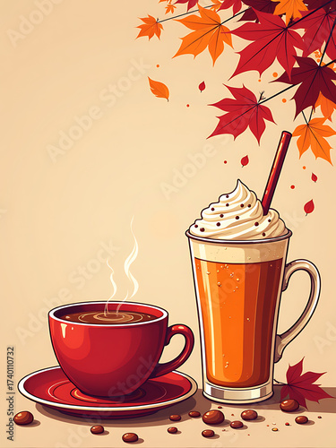 autumn banner featuring hot drinks neon outline style warm color palette space