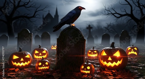 Spooky Halloween Scene: Raven, Pumpkins, Graveyard, Night Sky.