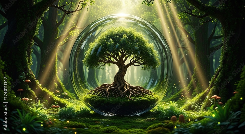 Fototapeta premium Magical enchanted forest glade with glowing orb and ancient tree