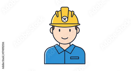 A cartoon illustration depicts a smiling construction worker, wearing a yellow hard hat with a symbol, against a clean white background, suitable for various design projects.