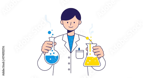 A cartoon scientist in a lab coat holds two beakers with colorful liquids, illustrating a scientific experiment or chemical reaction with a flat design.