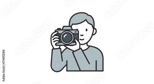 A simple illustration depicts a person holding a camera, capturing a moment with a focused expression, perfect for photography and creative projects.